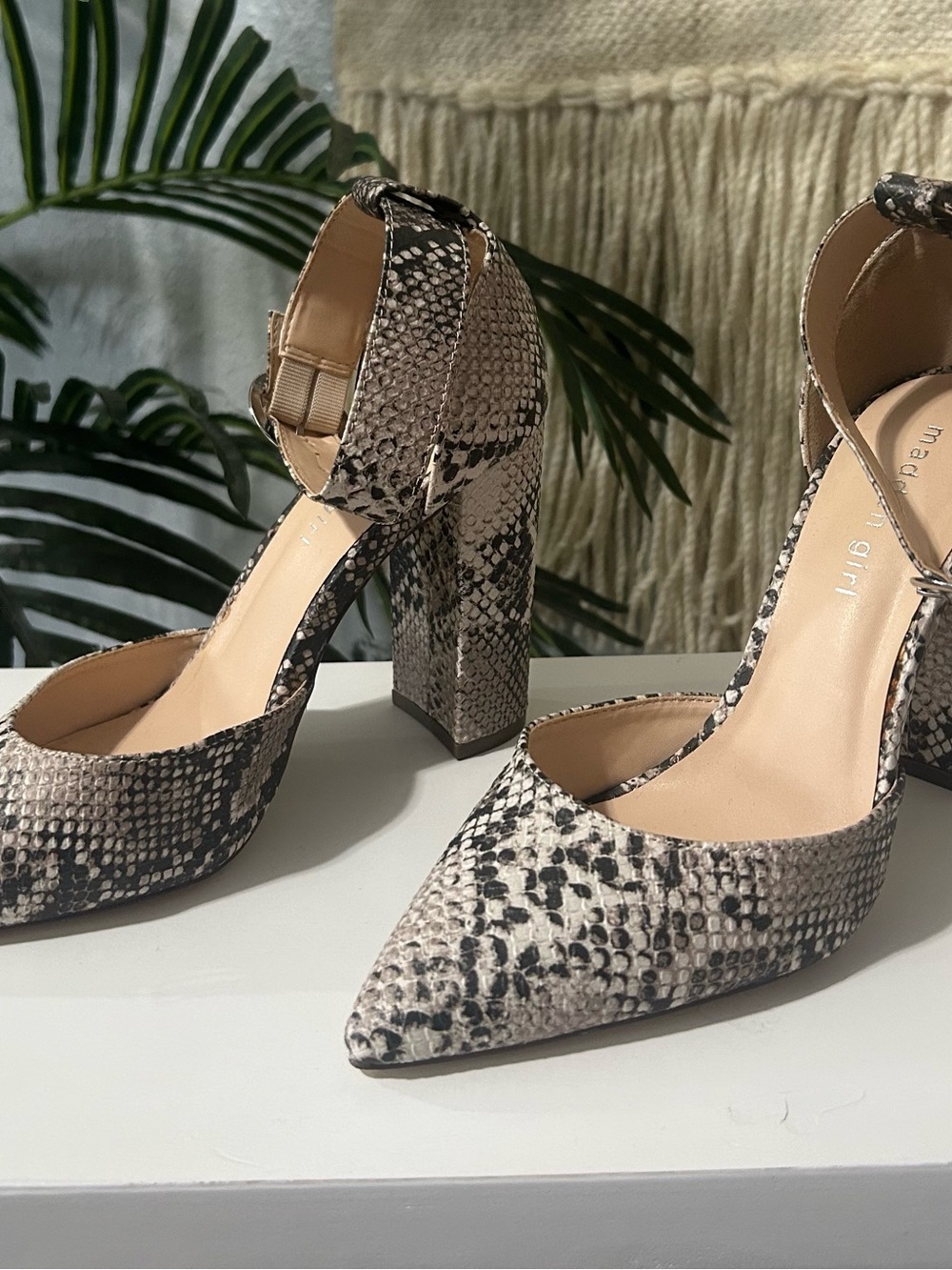 Madden Girl Snake-Print Pointed Block Heel Pumps in Neutral Tones